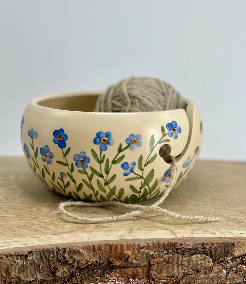 Pottery yarn bowl, pottery knitting bowl, ceramic yarn bowl, forget me nots, small blue flowers