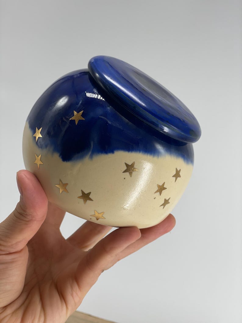 Garlic pot, salt pot, pottery, golden stars, blue night sky