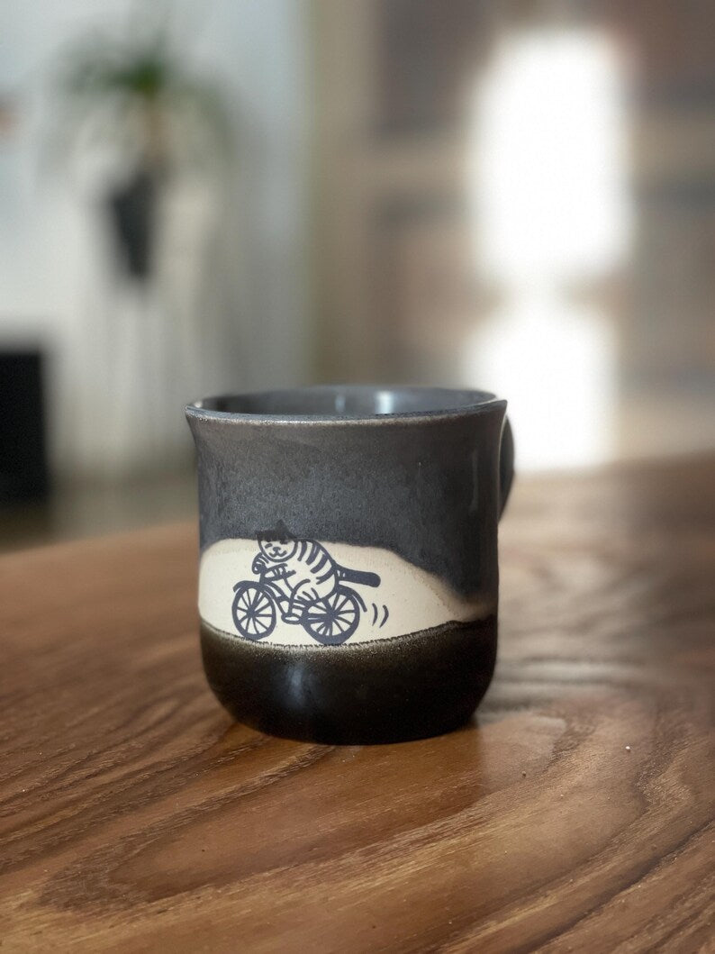 Cat mug, bicycle mug, cycling cat, bike fun, funny mug, cat lovers, gray black cup