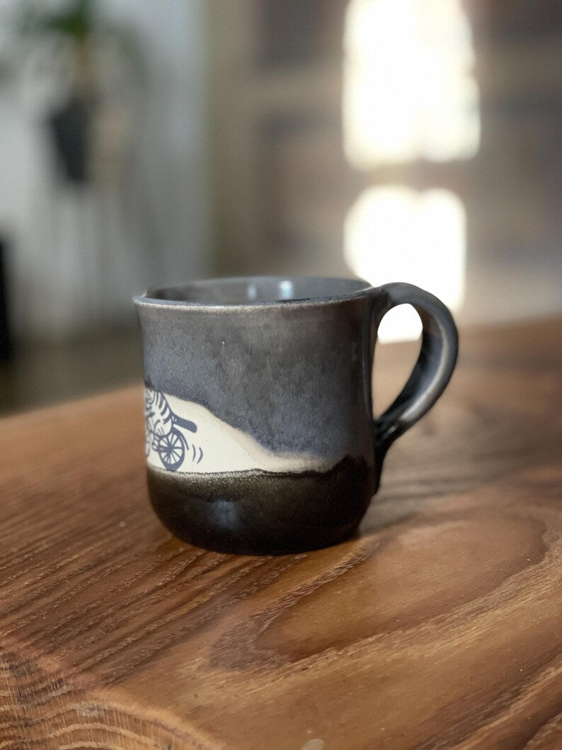 Cat mug, bicycle mug, cycling cat, bike fun, funny mug, cat lovers, gray black cup
