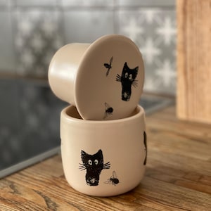 French butter crock, funny pottery, black cat, gift for chef