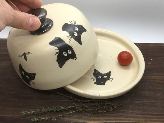 Cat ceramic, Cat pottery, Butter dish, Butter keeper, ceramic butter dish, cats
