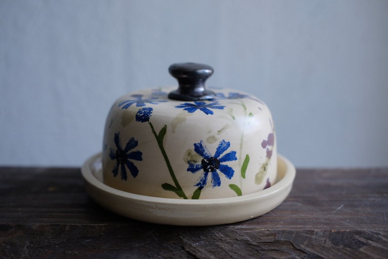Pottery butter dish, Corn flower Butter dish, Blue butter tray