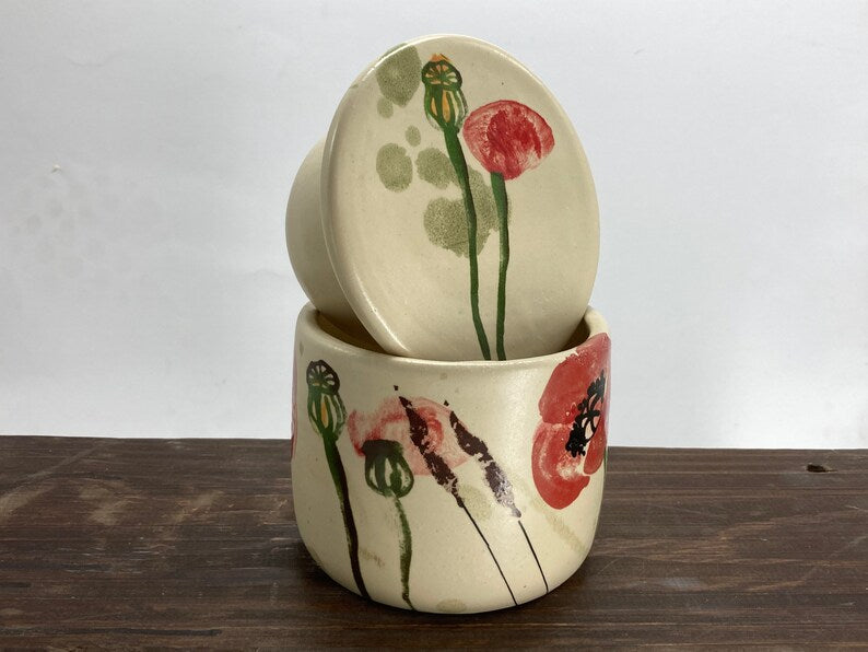 French butter crock, French butter keeper, pottery butter keeper, poppies