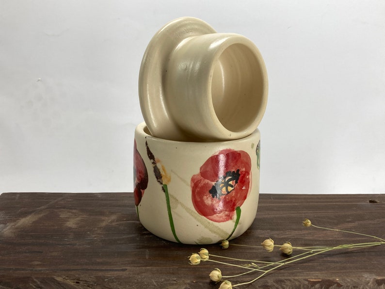 French butter crock, French butter keeper, pottery butter keeper, poppies