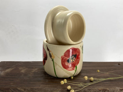 French butter crock, French butter keeper, pottery butter keeper, poppies
