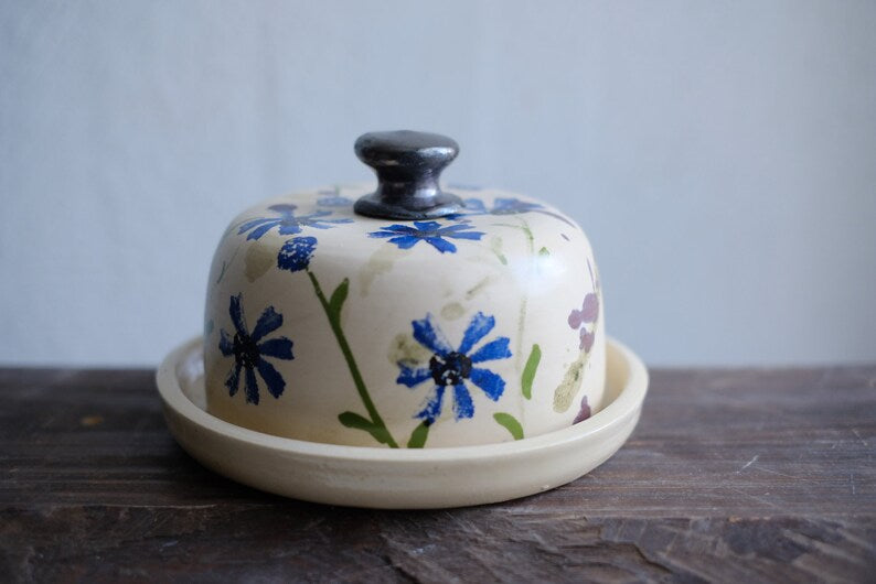 Pottery butter dish, Corn flower Butter dish, Blue butter tray