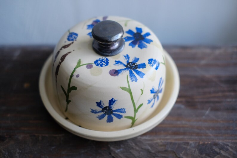 Pottery butter dish, Corn flower Butter dish, Blue butter tray