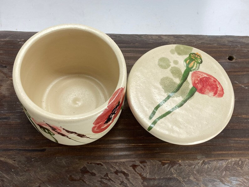 French butter crock, French butter keeper, pottery butter keeper, poppies