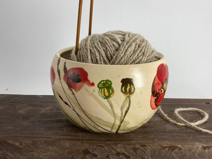 Ceramic Yarn Bowl, Ceramic Knitting Bowl, poppies ceramic, gift for sister