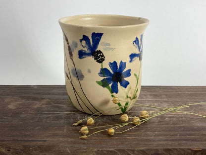 Flower Pottery mug, blue flower mug, cornflower mug, handmade flower mug