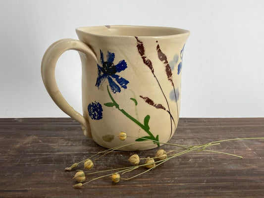 Flower Pottery mug, blue flower mug, cornflower mug, handmade flower mug