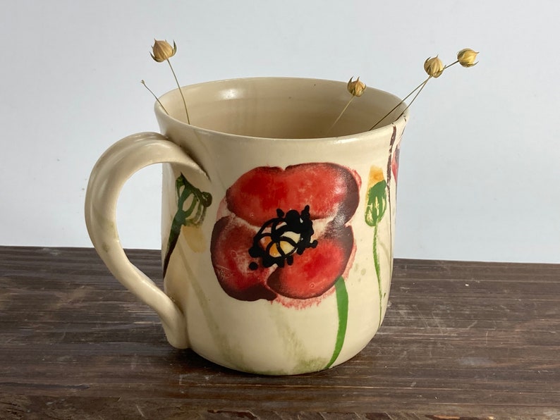 Pottery Poppies mug, Poppies ceramic cup, meadow flower mug, Wildflower pottery mug