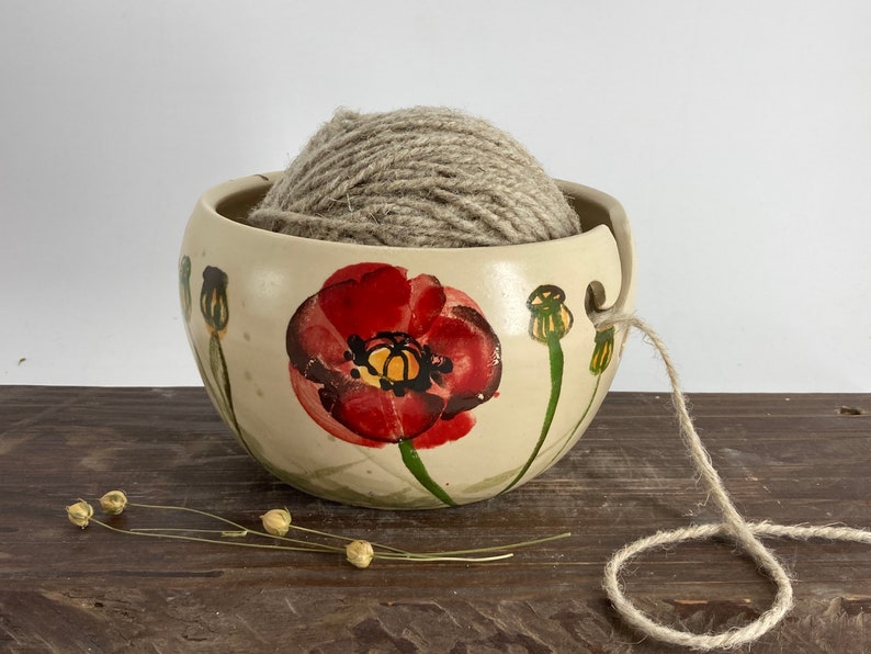 Ceramic Yarn Bowl, Ceramic Knitting Bowl, poppies ceramic, gift for sister