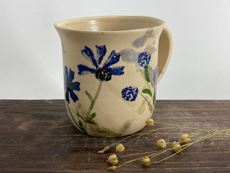 Flower Pottery mug, blue flower mug, cornflower mug, handmade flower mug
