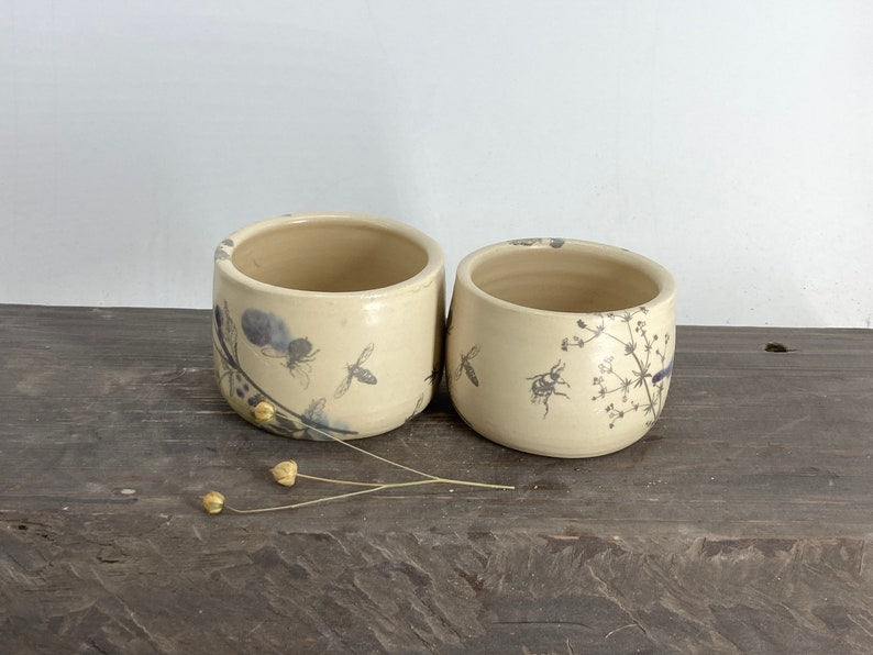 ceremonial cacao pitcher, Espresso/coffee tumbler, botanical, set of two