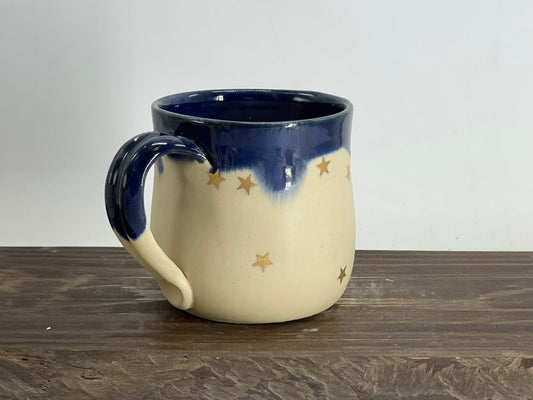 Golden star blue Ceramic mug, handmade ceramic mug, pottery mug, handpainted mug, star mug