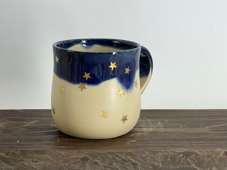 Golden star blue Ceramic mug, handmade ceramic mug, pottery mug, handpainted mug, star mug