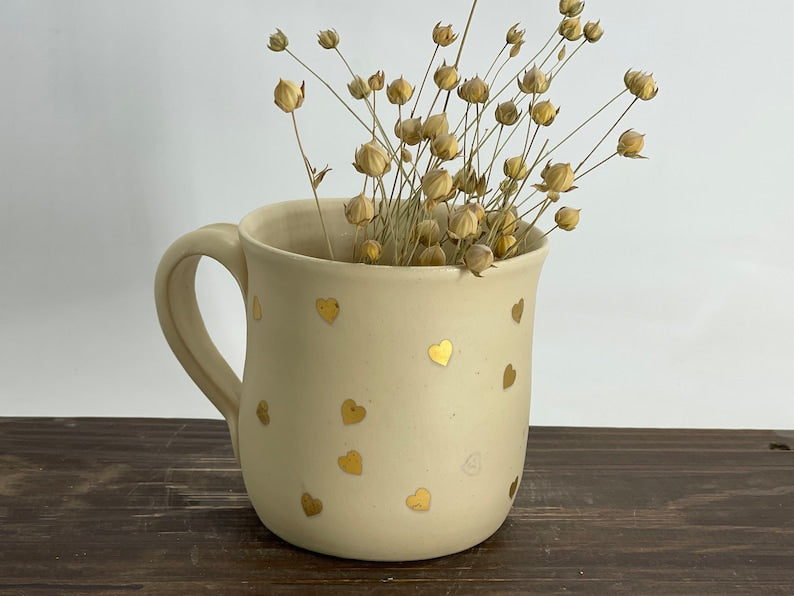 Golden heart Ceramic mug, handmade ceramic mug, pottery mug, handpainted mug, heart mug, gold