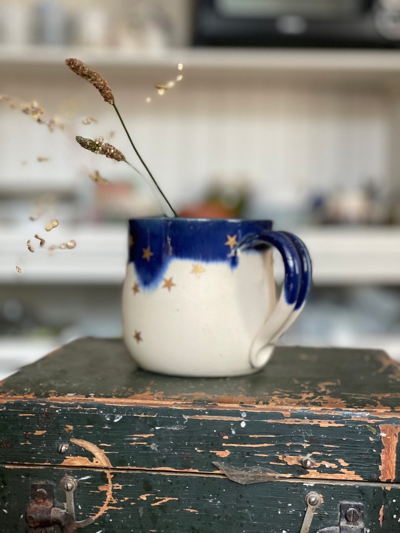 Golden star blue Ceramic mug, handmade ceramic mug, pottery mug, handpainted mug, star mug