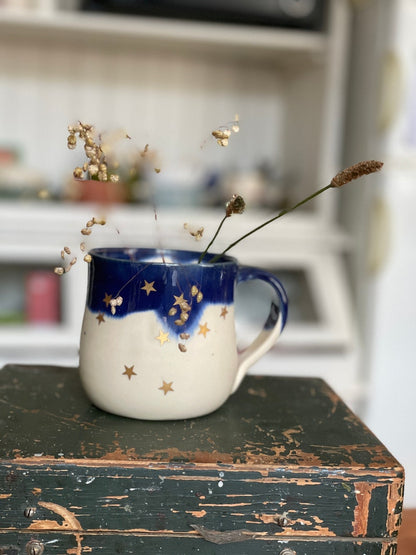 Golden star blue Ceramic mug, handmade ceramic mug, pottery mug, handpainted mug, star mug