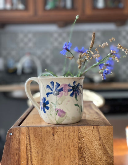 Flower Pottery mug, blue flower mug, cornflower mug, handmade flower mug