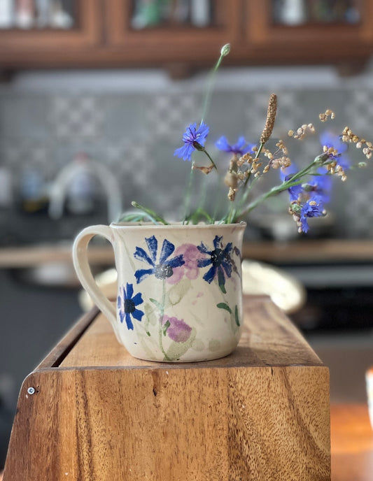 Flower Pottery mug, blue flower mug, cornflower mug, handmade flower mug