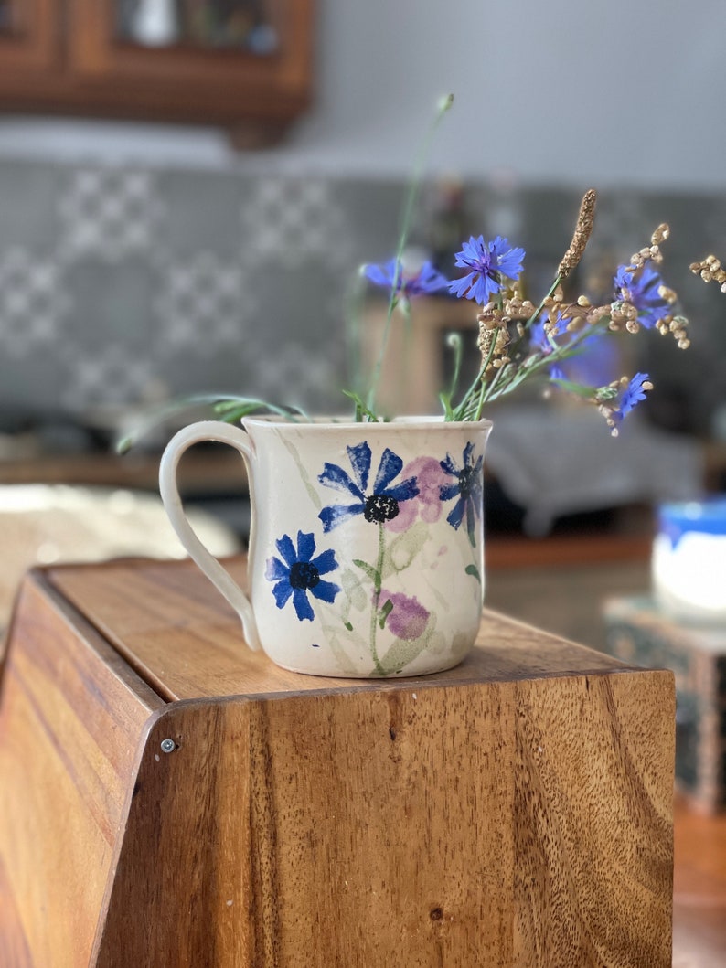Flower Pottery mug, blue flower mug, cornflower mug, handmade flower mug