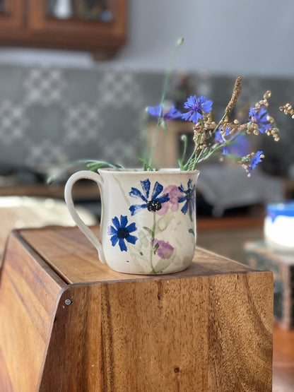 Flower Pottery mug, blue flower mug, cornflower mug, handmade flower mug