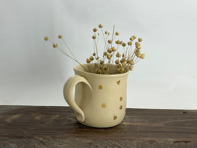 Golden heart Ceramic mug, handmade ceramic mug, pottery mug, handpainted mug, heart mug, gold