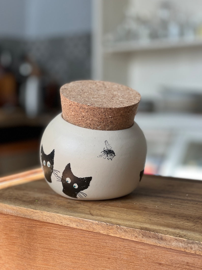 Salt Cellar, Salt Pig Salt keeper, ceramic salt pot, black cats