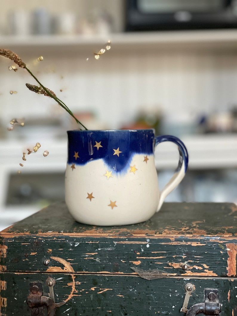 Golden star blue Ceramic mug, handmade ceramic mug, pottery mug, handpainted mug, star mug