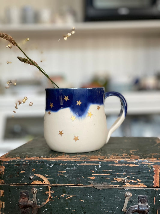 Golden star blue Ceramic mug, handmade ceramic mug, pottery mug, handpainted mug, star mug