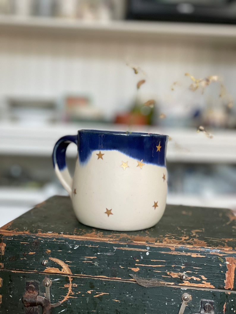 Golden star blue Ceramic mug, handmade ceramic mug, pottery mug, handpainted mug, star mug