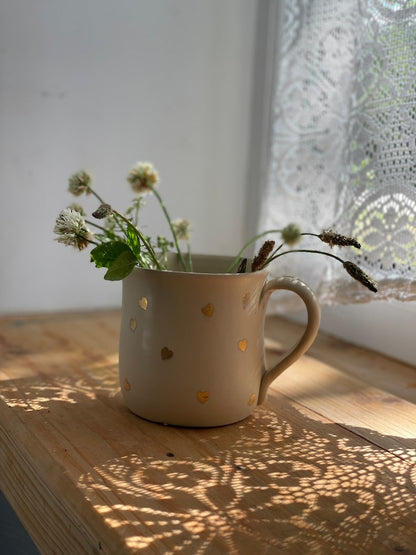 Golden heart Ceramic mug, handmade ceramic mug, pottery mug, handpainted mug, heart mug, gold