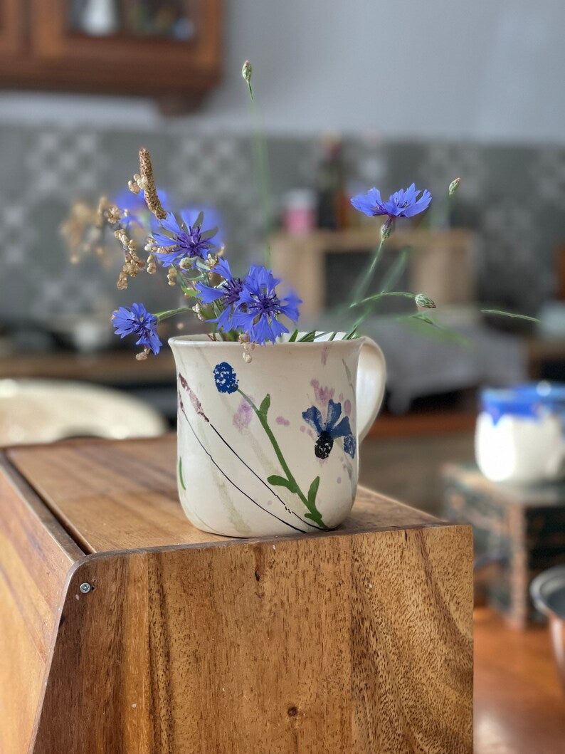 Flower Pottery mug, blue flower mug, cornflower mug, handmade flower mug