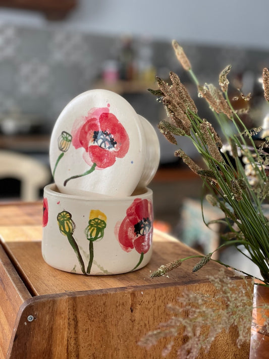 French butter crock, French butter keeper, pottery butter keeper, poppies