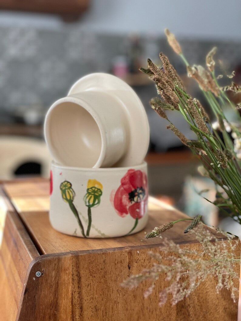 French butter crock, French butter keeper, pottery butter keeper, poppies