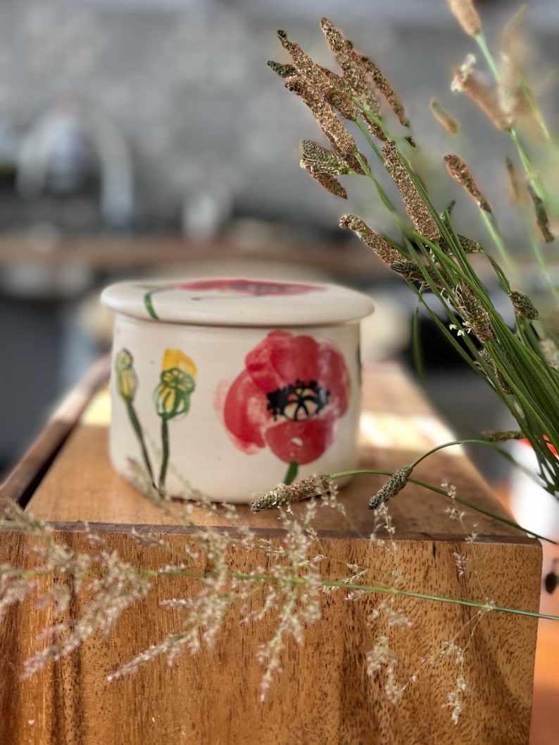 French butter crock, French butter keeper, pottery butter keeper, poppies