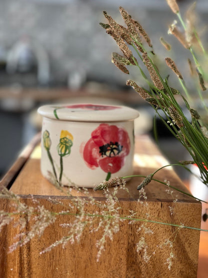 French butter crock, French butter keeper, pottery butter keeper, poppies