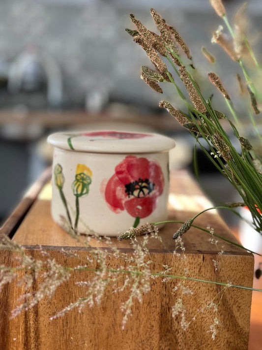 French butter crock, French butter keeper, pottery butter keeper, poppies