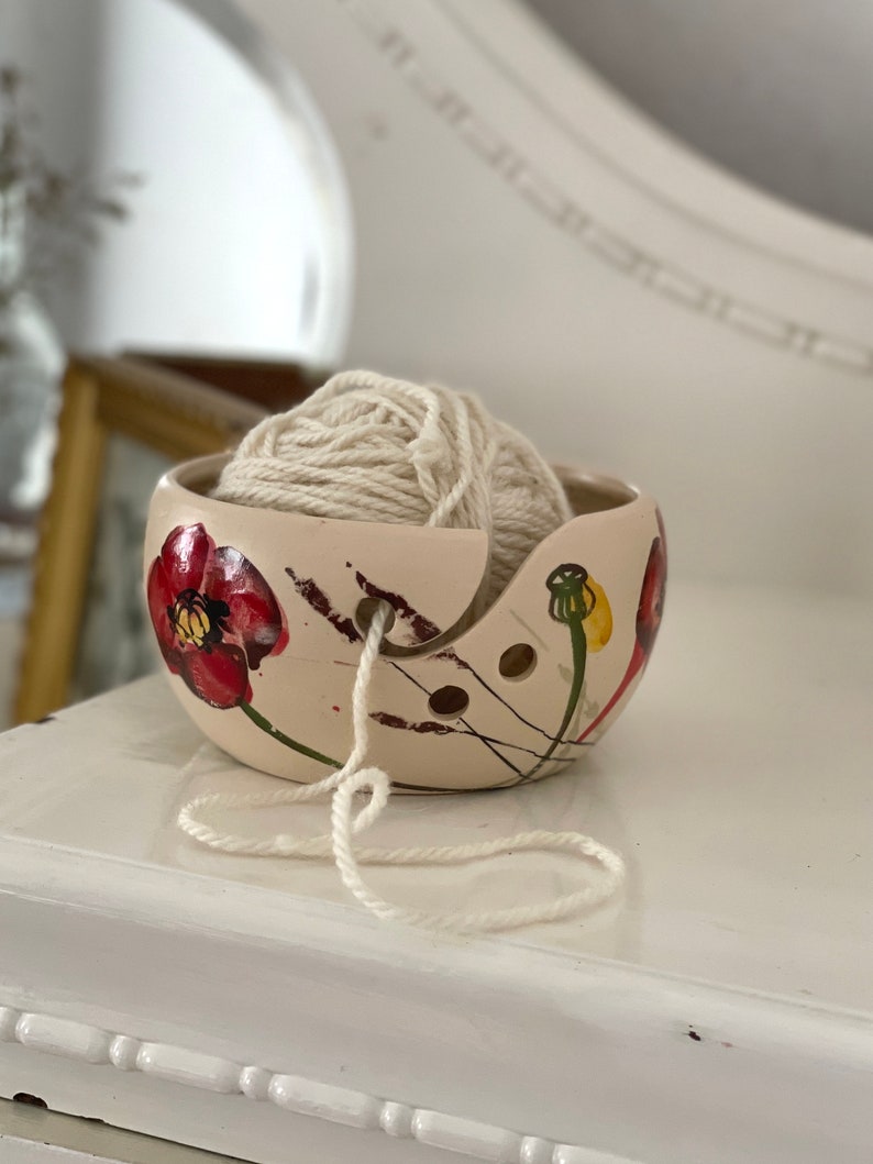 Ceramic Yarn Bowl, Ceramic Knitting Bowl, poppies ceramic, gift for sister