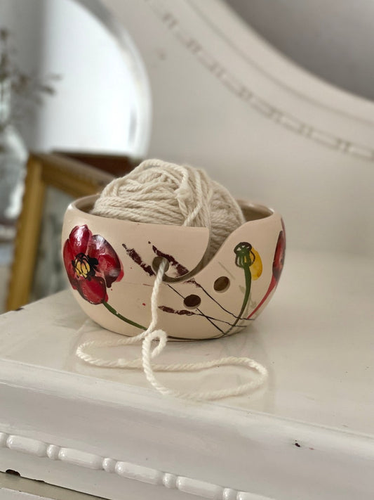 Ceramic Yarn Bowl, Ceramic Knitting Bowl, poppies ceramic, gift for sister