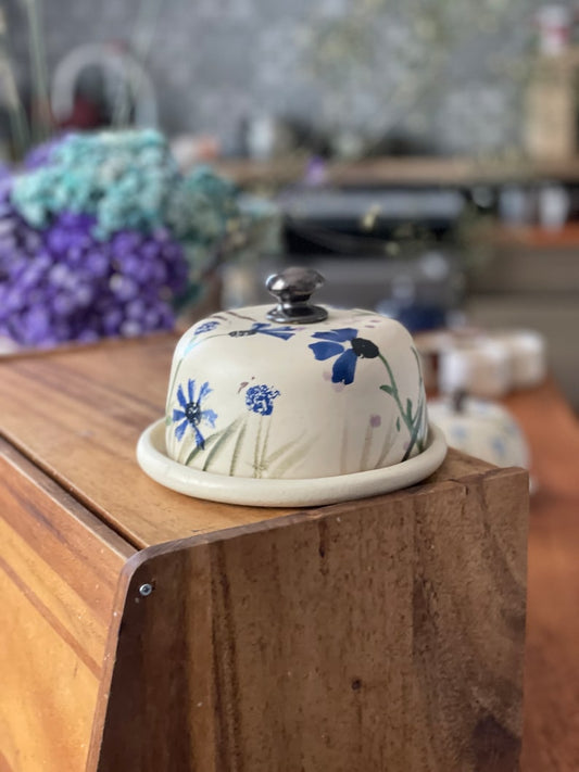 Pottery butter dish, Corn flower Butter dish, Blue butter tray
