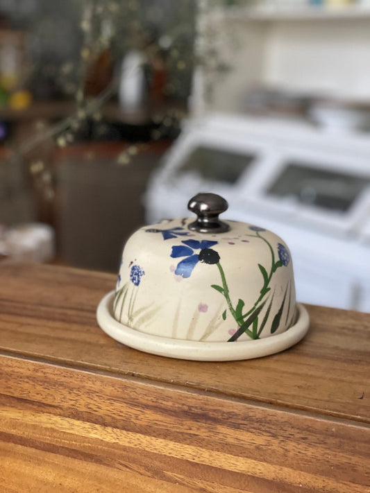 Pottery butter dish, Corn flower Butter dish, Blue butter tray