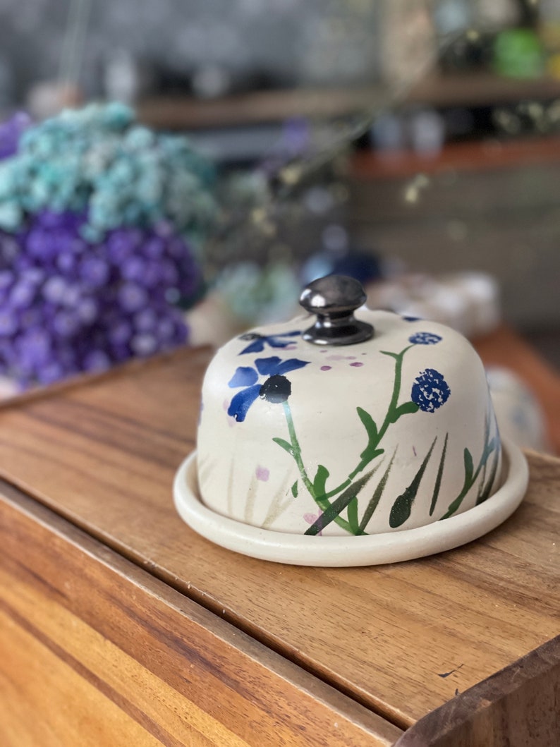 Pottery butter dish, Corn flower Butter dish, Blue butter tray