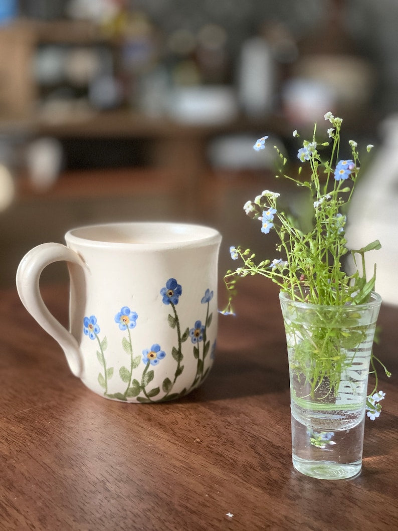 Forget me not mug, forget me not pottery mug, blue mug, small blue flowers mug, flower mug