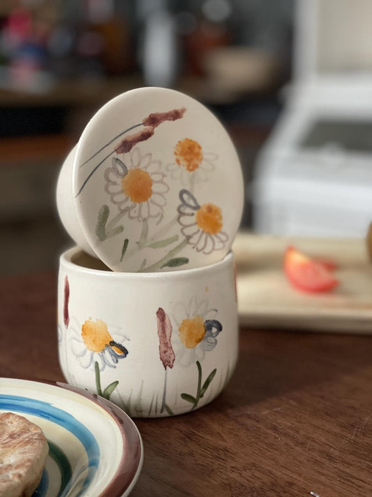Daisy , French butter dish, French butter keeper, French butter crock, yellow, wild flowers