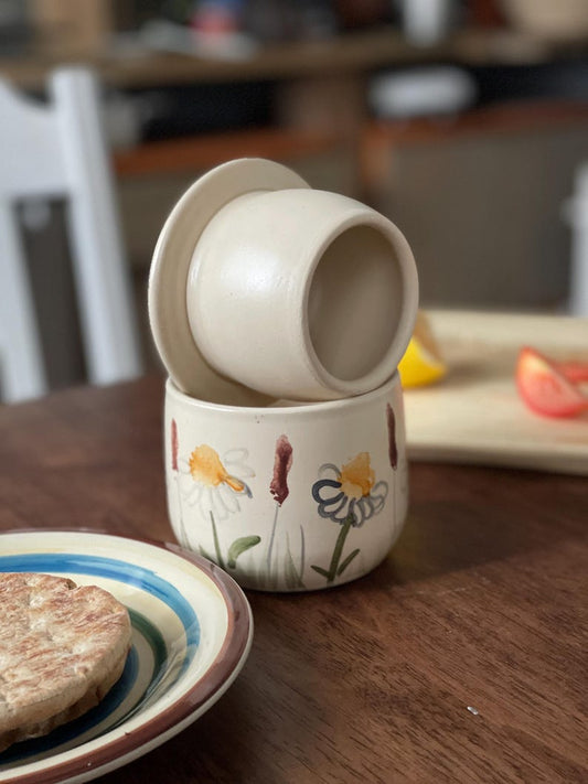 Daisy , French butter dish, French butter keeper, French butter crock, yellow, wild flowers