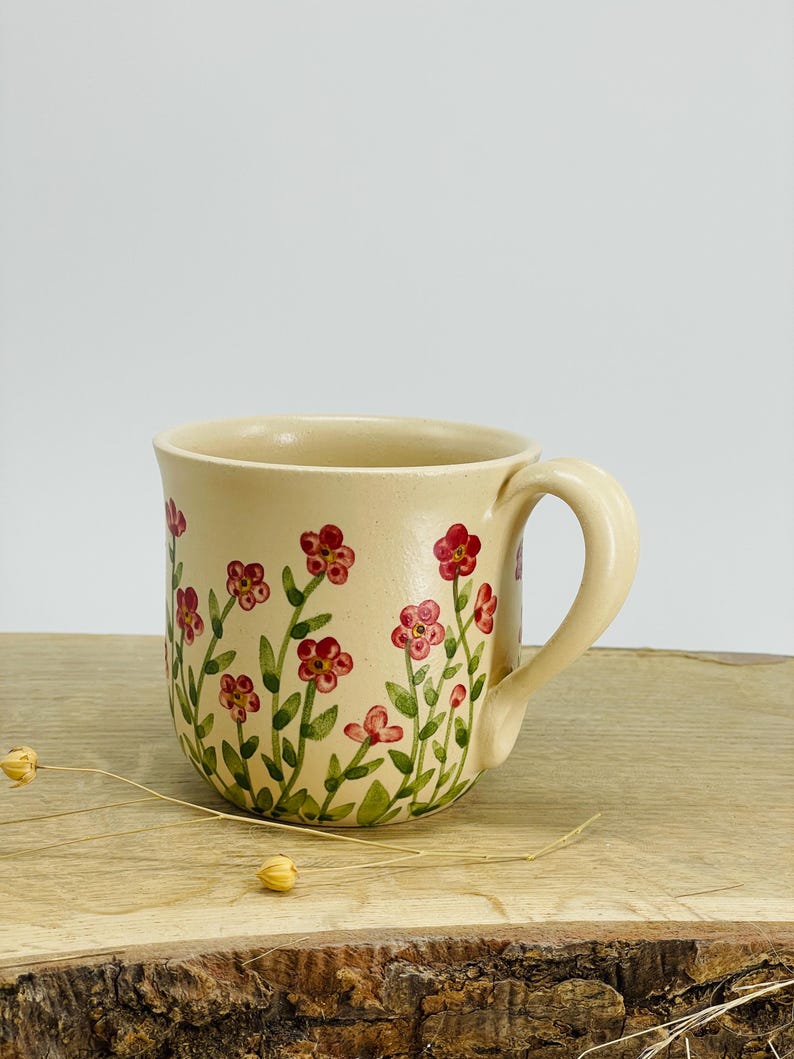 Red small flowers, forget me not pottery mug, red mug, small floers mug, flower mug